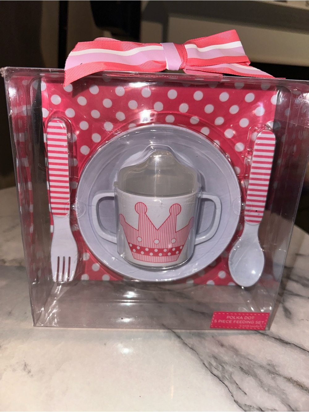 Mud Pie Pink Polka Dot Baby Feeding Set with Crown Motif